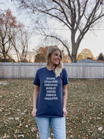 Load image into Gallery viewer, Woman wearing Heather Navy Tee Shirt that reads: Stone, Chamber, Prisoner, Goblet, Order, Prince, Hallows in white block lettering.
