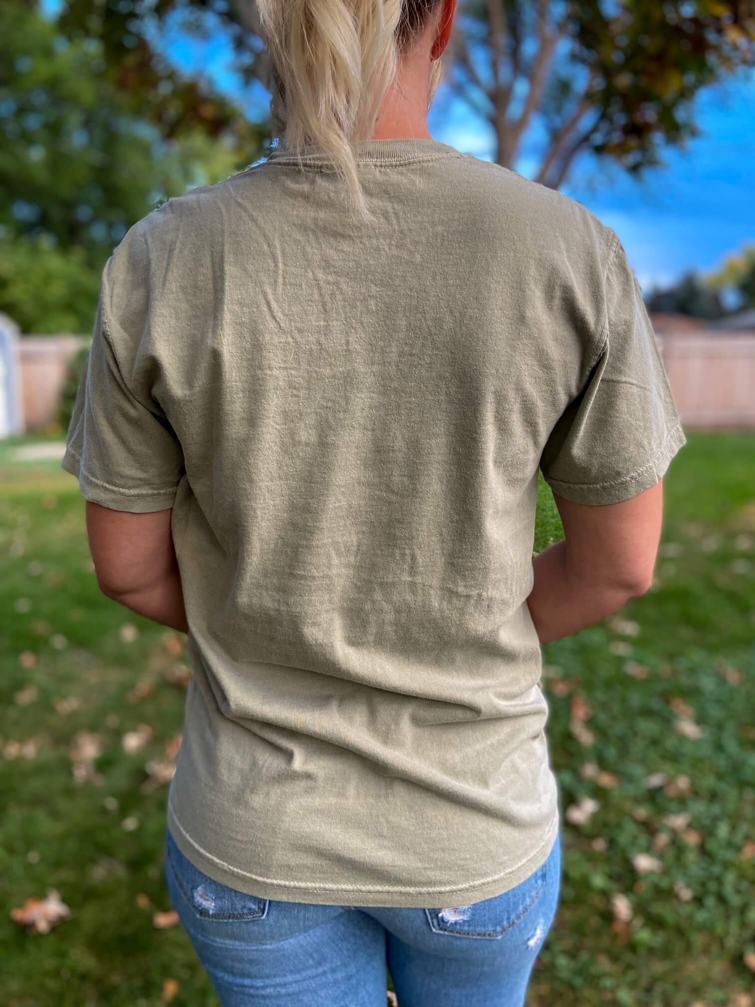 Back of sage green tshirt.