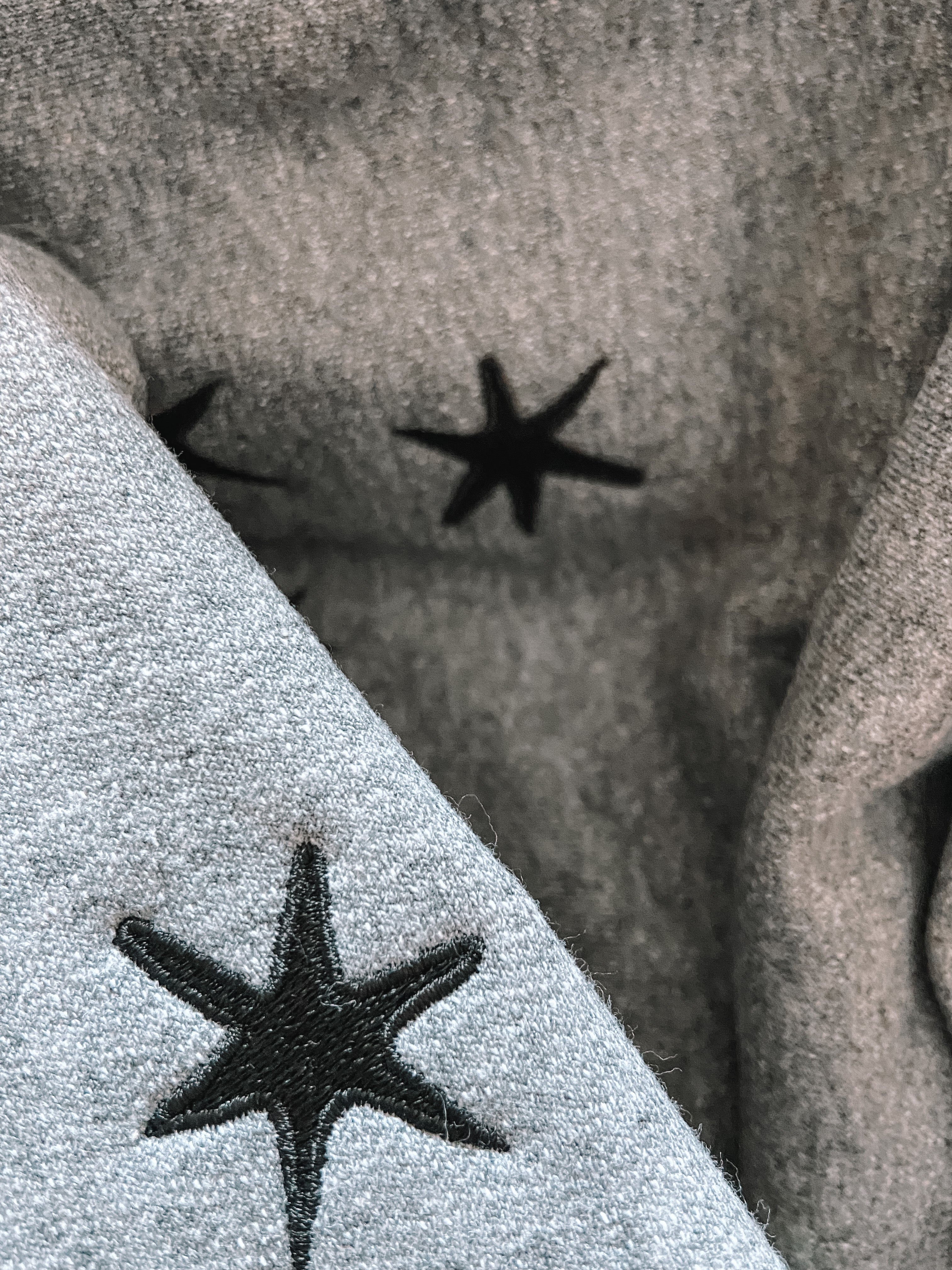 Closeup of charcoal gray sweatshirt with black embroidered stars. 