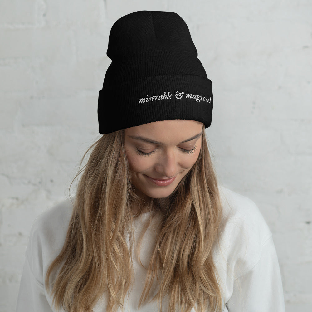 MISERABLE & MAGICAL CUFFED BEANIE - WHITE EMBROIDERY